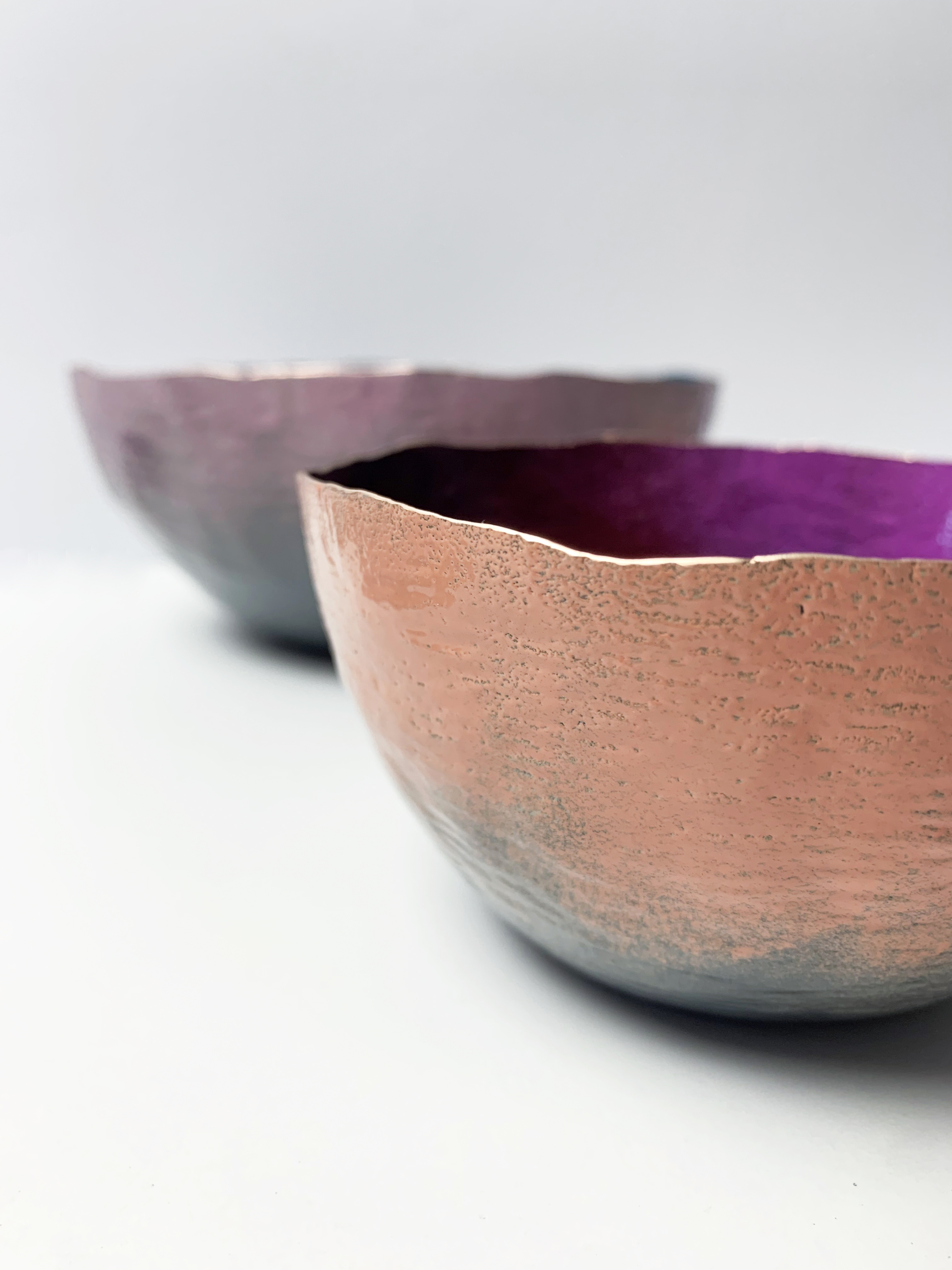 colorful decorative metalwork - copper and powdercoated bowls by metalsmith megan auman