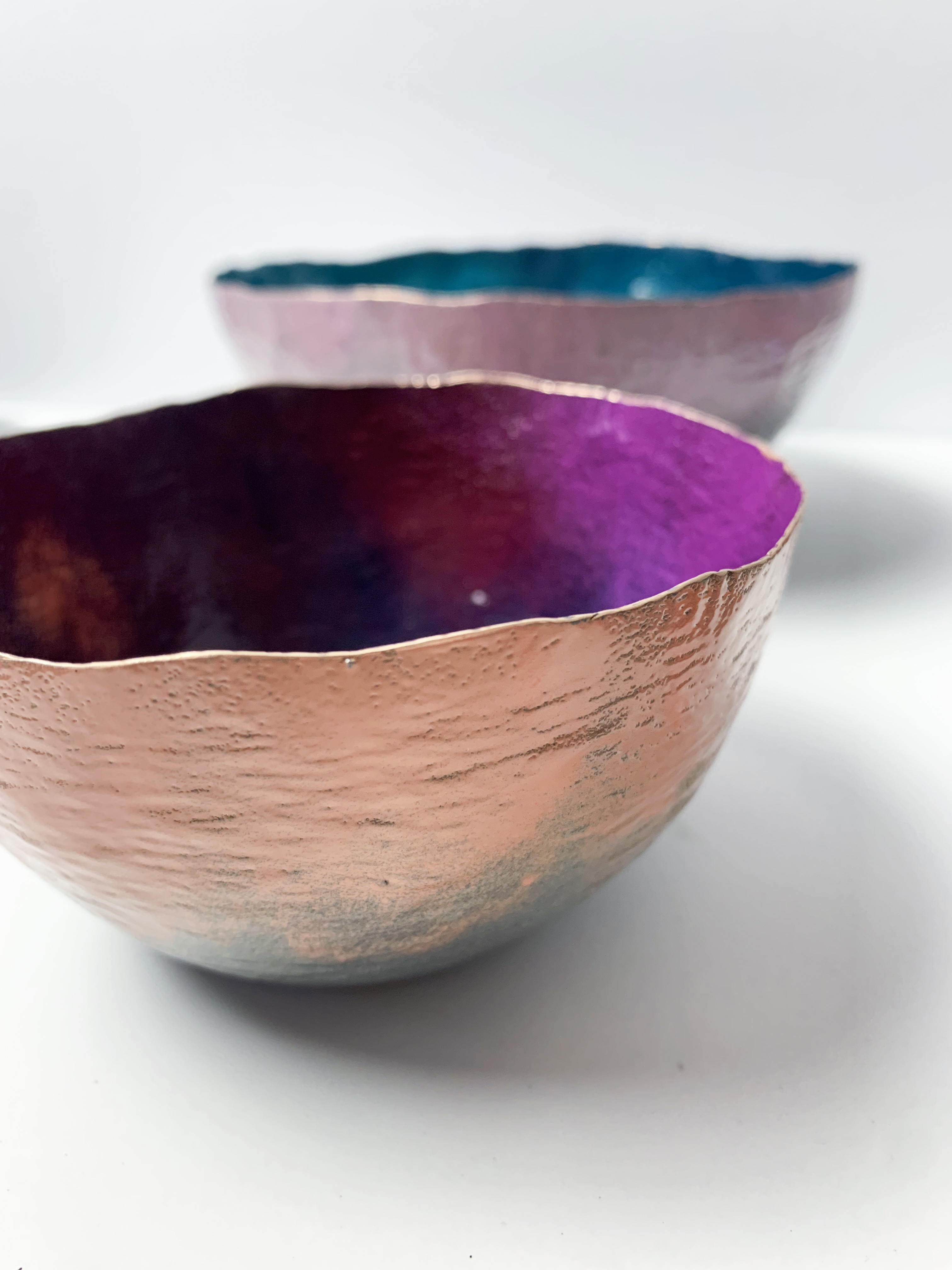 colorful decorative metalwork - copper and powdercoated bowls by metalsmith megan auman