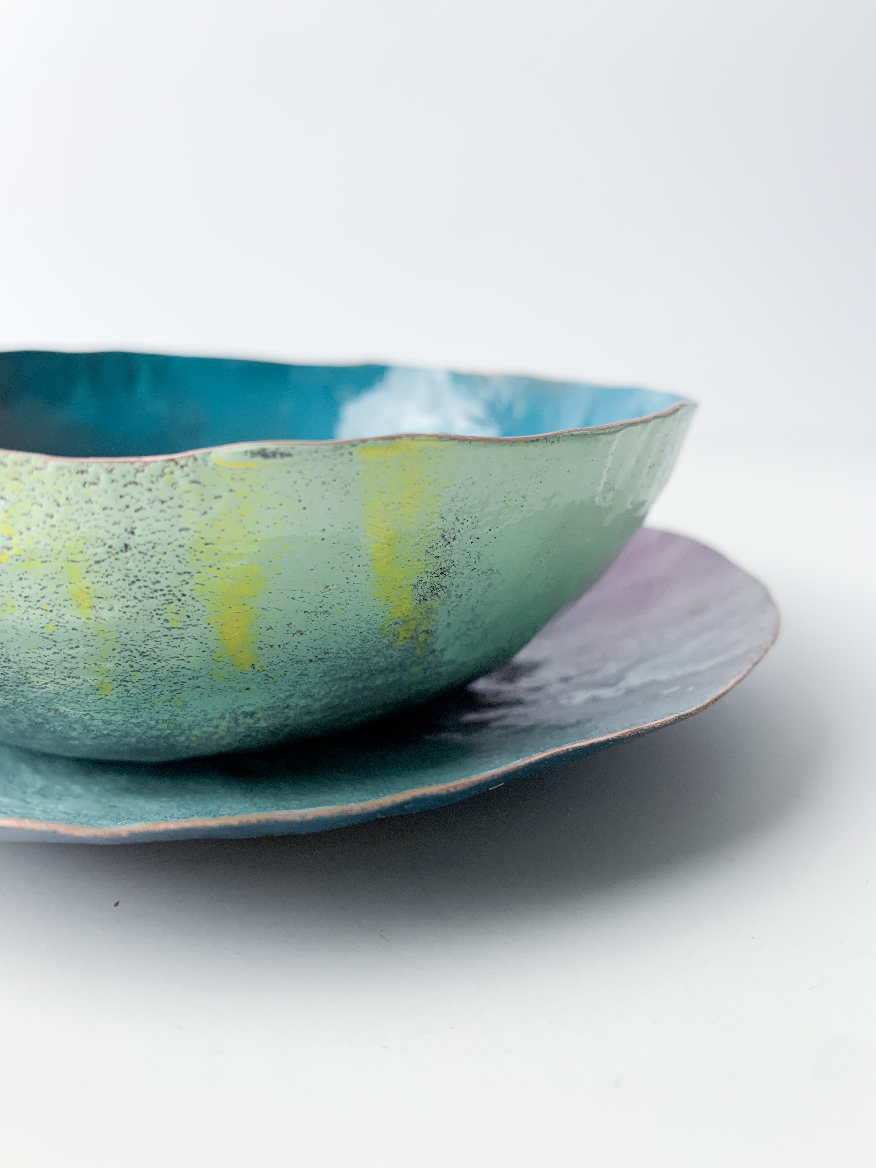 handmade decorative bowl, powder coated with organic raw copper edge
