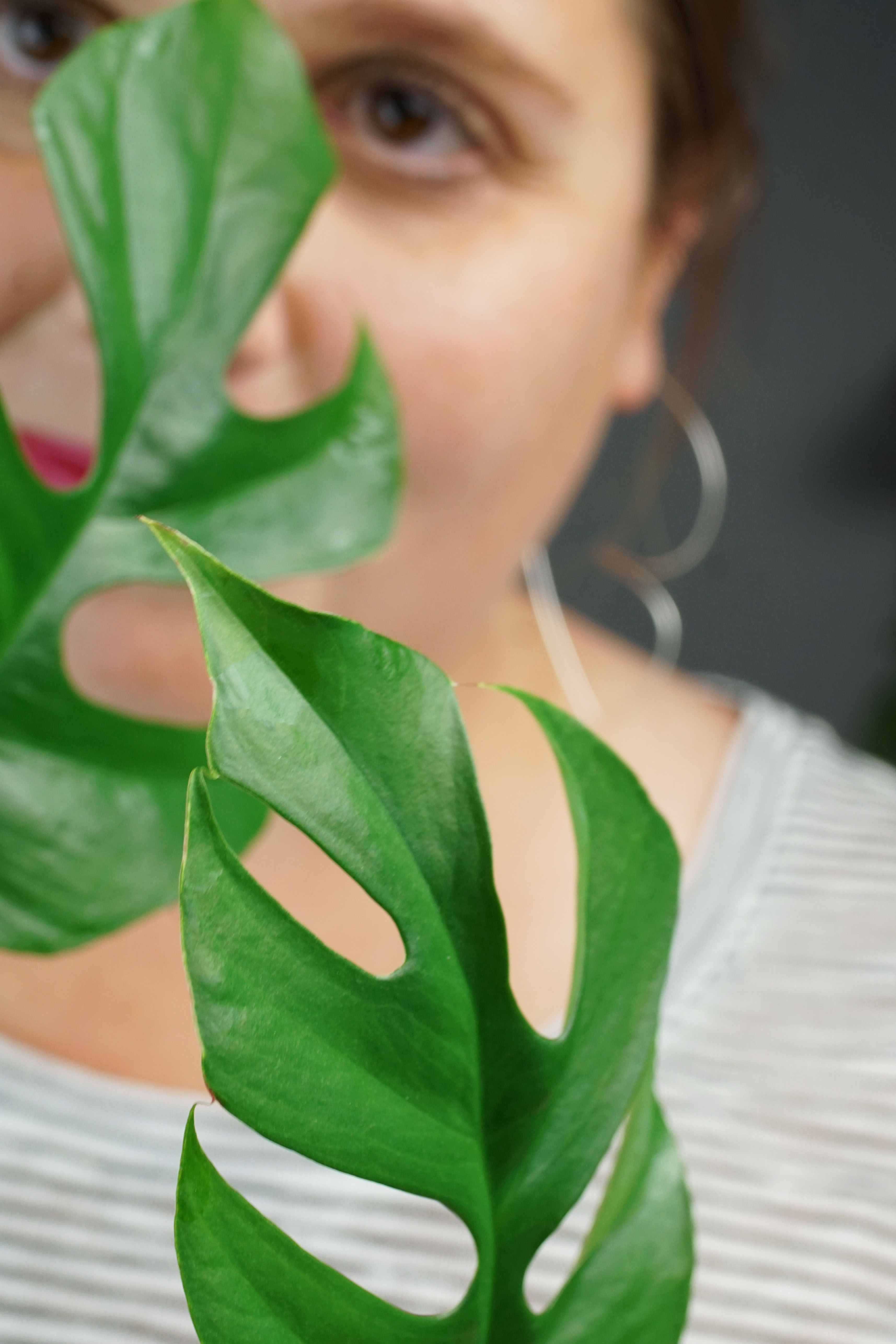 woman with red lipstick wearing silver hoop threader earrings and a striped shirt and hiding behind a plant