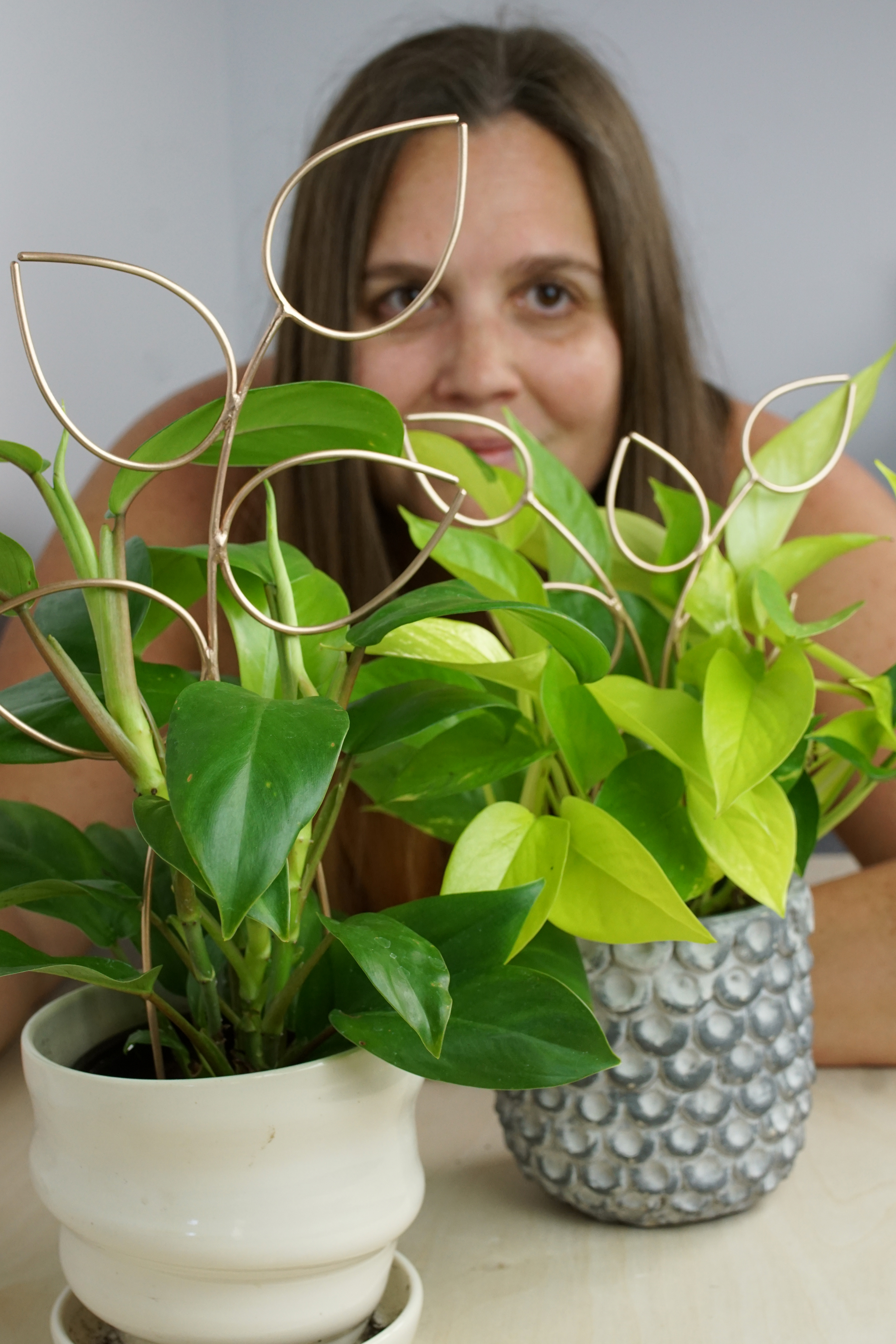 woman with house plants and bronze plant stakes