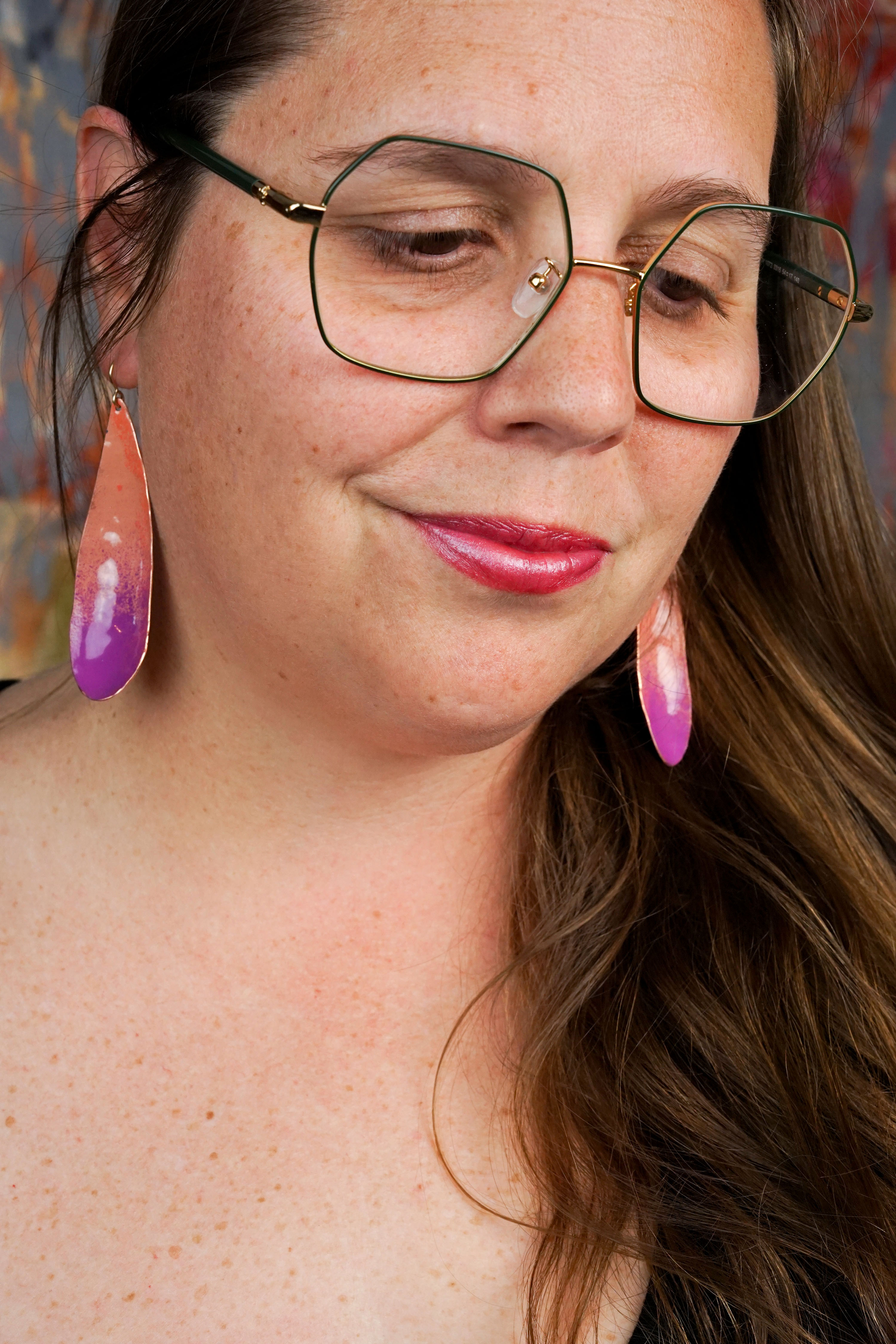 one of a kind earrings in coral and radiant orchid