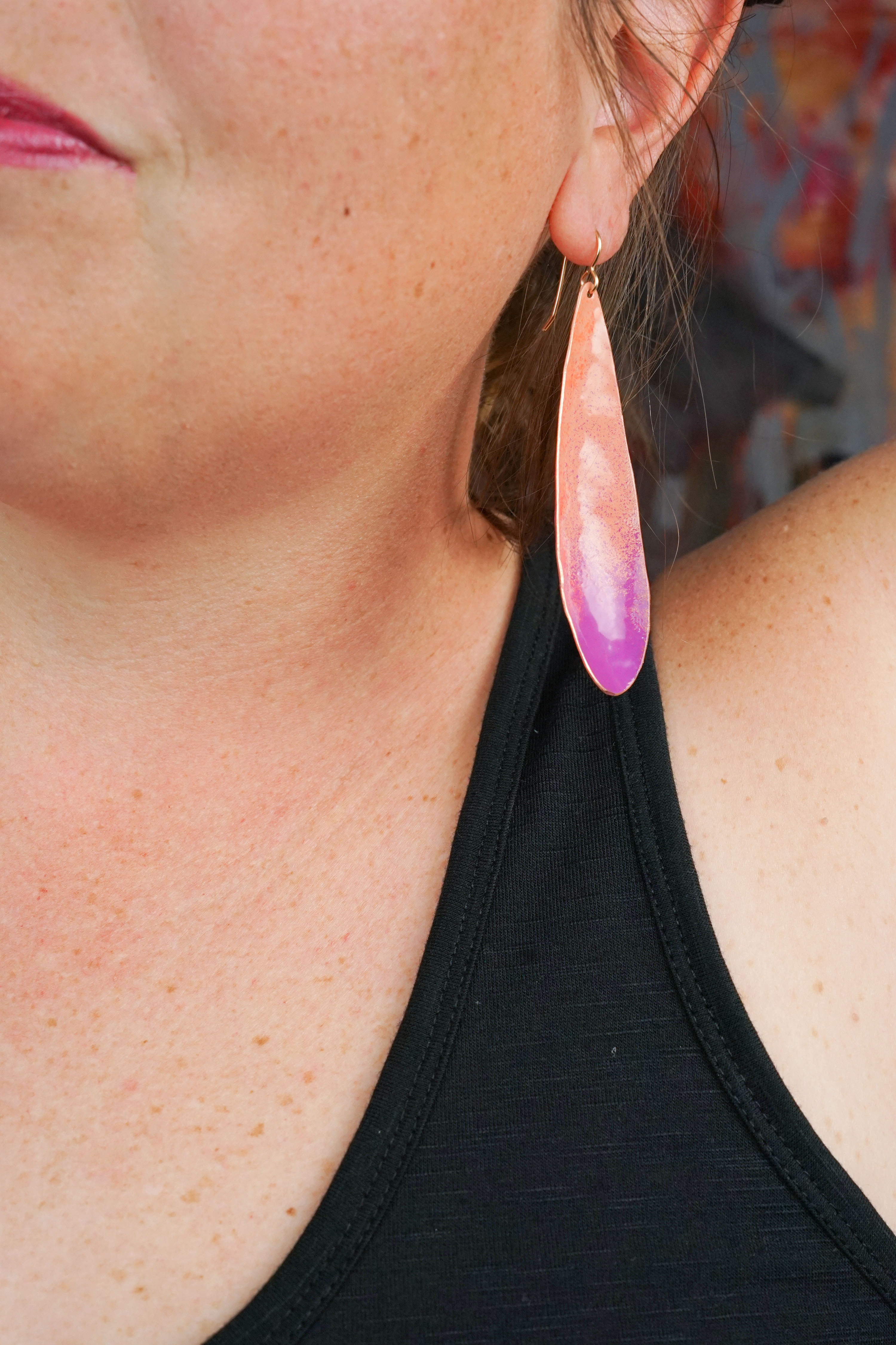 one of a kind earrings in coral and radiant orchid