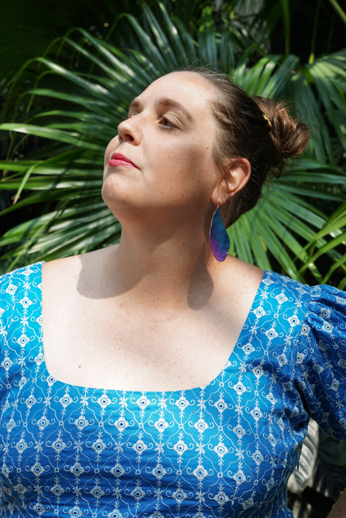 botanical garden fashion portraits with colorful statement earrings