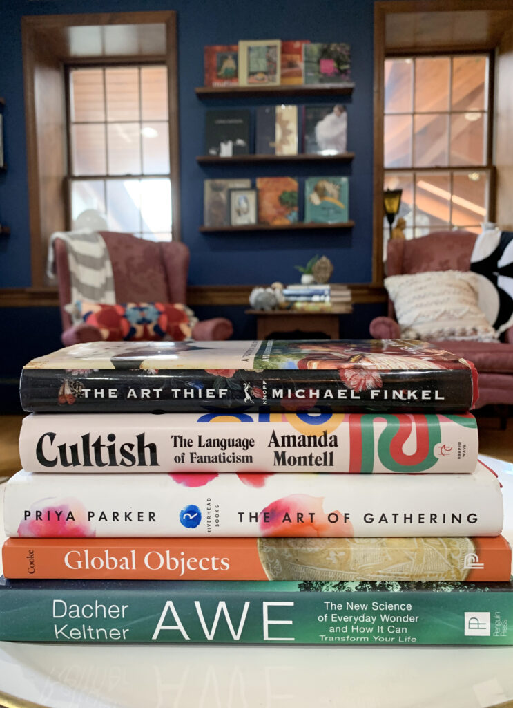 book reviews: the art thief, cultish, global objects, awe, the art of gathering